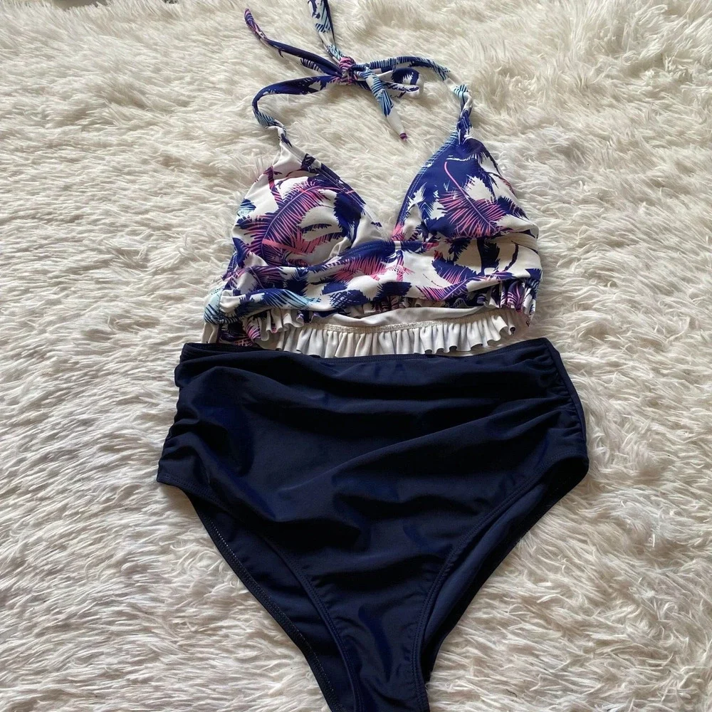 Palm‎ Tree Print Bralette Swim Top High Waisted Swimsuit, White Blue, Small